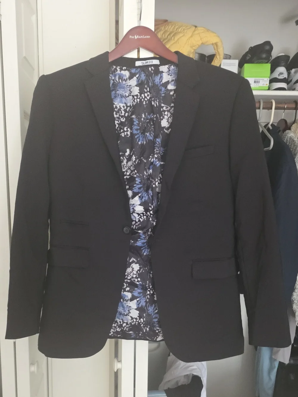 Classic Black Men's Blazer with Blue Floral Lining
